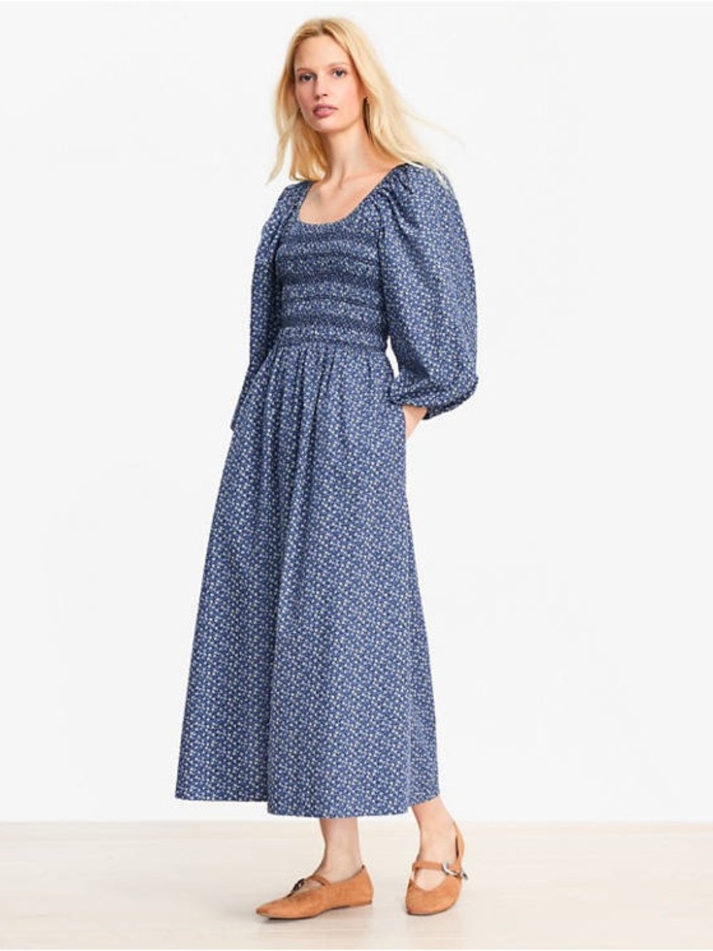 LOFT Blue Floral Smocked Maxi Dress with Puff Sleeves